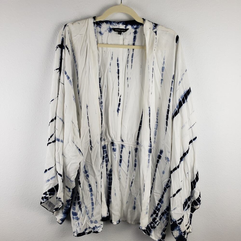 Style Envy Women's S/M Open Front Kaftan Swimsuit Cover Up Blue White Tie‎ Dye